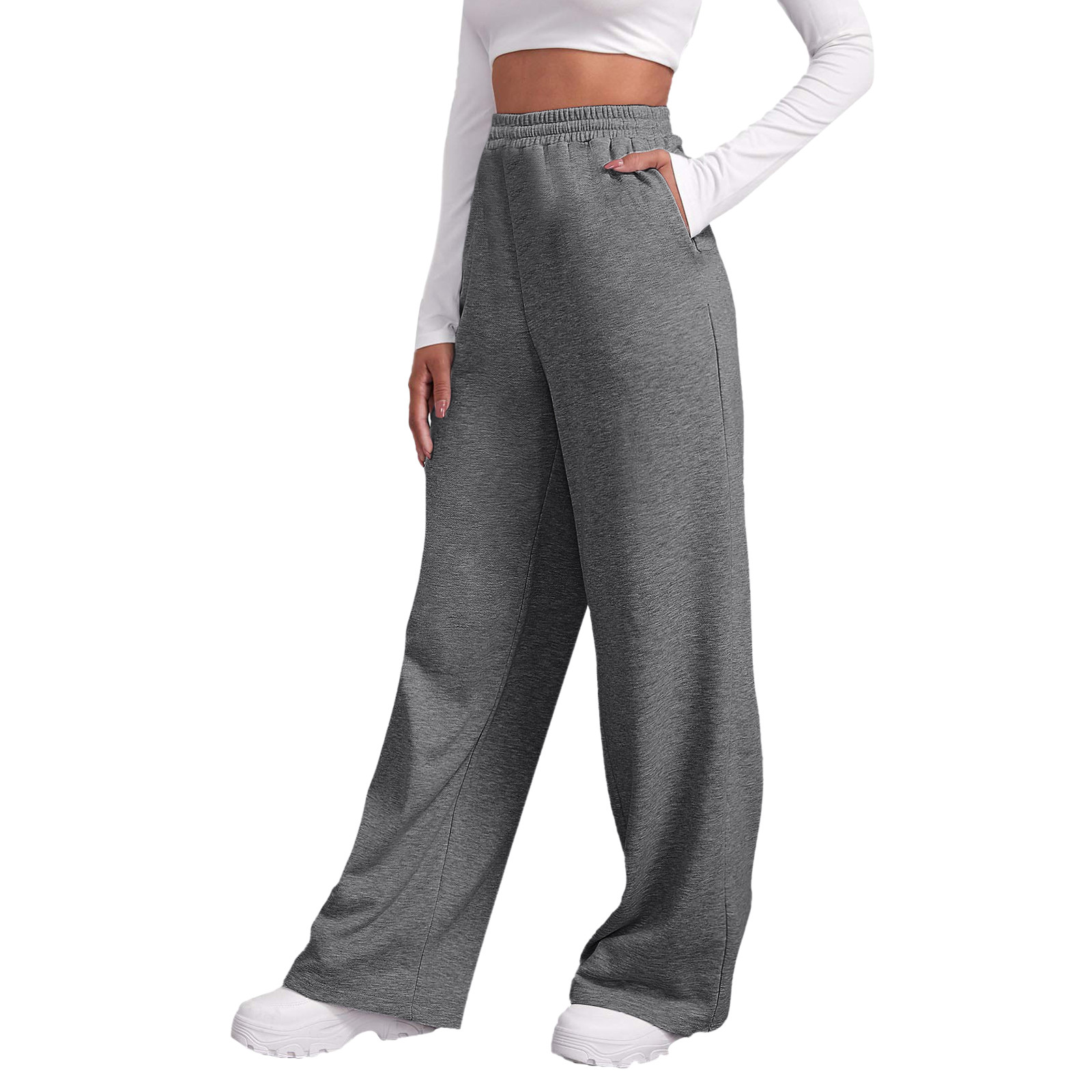 thumbnail image 1 of Pantalones de chándal con forro polar para mujer: cintura alta, pierna ancha y bolsillos; poliéster ligero para primavera/otoño; diseño con lazo delantero; informal/trabajo/yoga; tallas S-XXL., 1 of 7